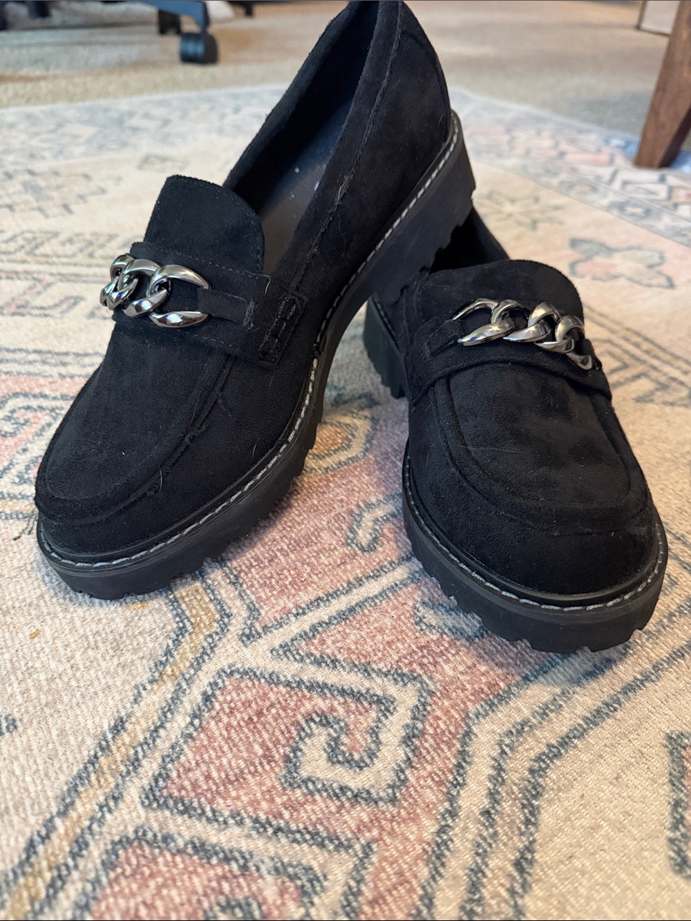 Black Suede Chain-Trim Platform Loafers